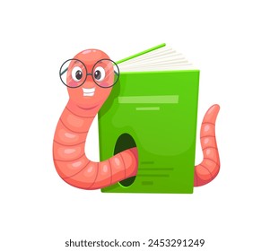 El personaje divertido del ratón de biblioteca hace un agujero en el libro, la lectura y la educación del personaje de Vector animal. Caricatura lindo libro gusano, lombriz de tierra o insecto oruga nerd personaje con gafas y libro de texto de Biblioteca