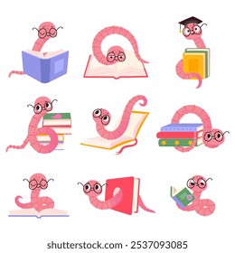 Funny bookworms characters. Cute bookworm and pile of books. Tiny pink worms in glasses reading and studying, education nowaday vector characters