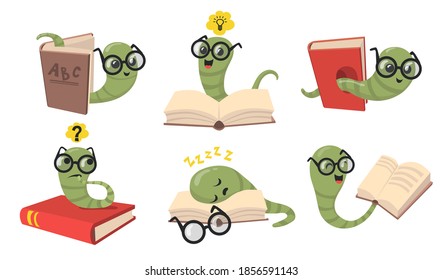 Funny bookworms flat item set. Cartoon library worms in eyeglasses reading book, sleeping and smiling isolated vector illustration collection. Animals and insects concept