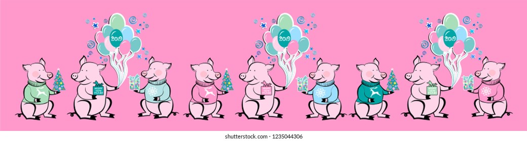 Funny border with pigs. Festive seamless border isolated on pink background, Happy New Year design for postcard or greeting card. Winter holiday background. Vector illustration