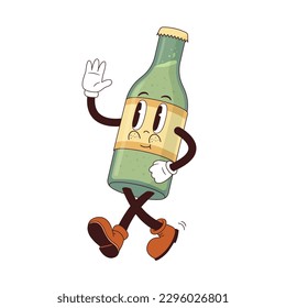 El carácter divertido de la botella en el estilo retro de los años 70. Ilustración vectorial de dibujos animados. Mascota de bebidas de limonada de época  