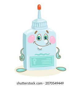 Funny  bottle of glue. In cartoon style. Isolated on white background. Vector illustration. School supplies.