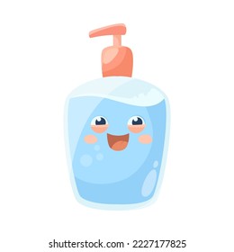 Funny bottle of hand soap cartoon illustration. Colorful animated personal hygiene product with cute face laughing isolated on white background. Bathroom concept.
