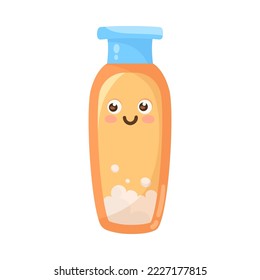 Die lustige Flasche Shampoo Cartoon Illustration. Farbiges animiertes persönliches Hygieneprodukt mit süßem Gesicht einzeln auf weißem Hintergrund. Badekonzept