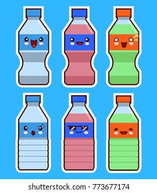 Funny bottle of water and soda kawaii face set. Vector illustration. Vector flat illustration EPS