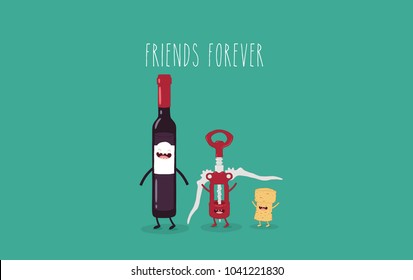 Funny bottle of wine, corkscrew, cork,  Friends forever. Funny image. Use for cards, fridge magnets, stickers, posters.