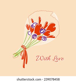 Funny bouquet of red hearts tied ribbon and bow