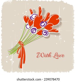 Funny bouquet of red hearts tied ribbon and bow on grungy background