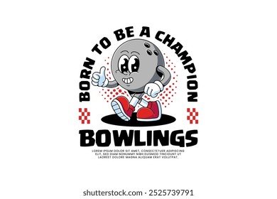 funny bowling ball retro cartoon character mascot illustration with walking pose and thumbs up hand for bowling sport mascot and merchandise