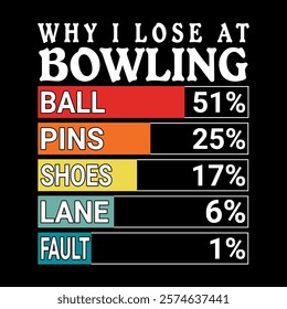 funny bowling chart design perfect for social media posts, websites, or print.  hilarious excuses and reasons for bowling fails.  bright, colorful, and eye-catching design. ideal for bowling alleys,