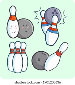 Funny bowling pin and ball in simple cartoon doodle style
