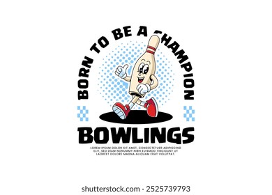 funny bowling pin retro cartoon character mascot illustration with walking pose and thumbs up hand for bowling sport mascot and merchandise