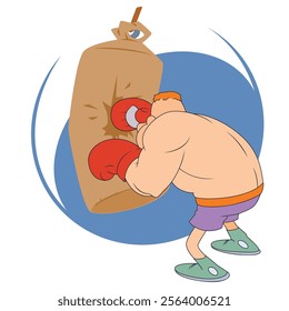 Funny boxer with punching bag. Illustration concept template for website, web landing page, banner, presentation, social, poster, promotion or print media.