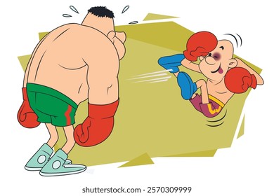 Funny boxer received powerful blow. Illustration concept template for website, web landing page, banner, presentation, social, poster, promotion or print media.