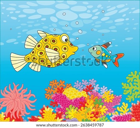 Funny boxfish and an x-ray fish swimming in blue water of a colorful coral reef in a tropical sea, vector cartoon illustration