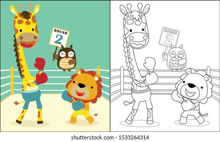 divertida pelea de boxeo con lindos animales, jirafa, león y búho, libro o página de color