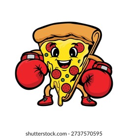 Funny Boxing Pizza Slice Cartoon Mascot. Cute Fast Food Character Illustration