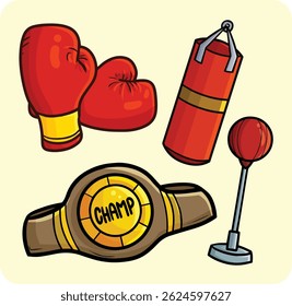 Funny boxing theme items cartoon illustration set	