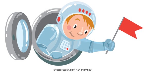 Funny boy astronaut waving flag from the open porthole. Children vector illustration