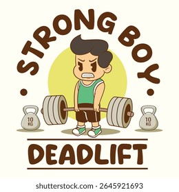 A Funny Boy athlete deadlifting a heavy barbell for fitness and muscle building in a retro cartoon character mascot illustration