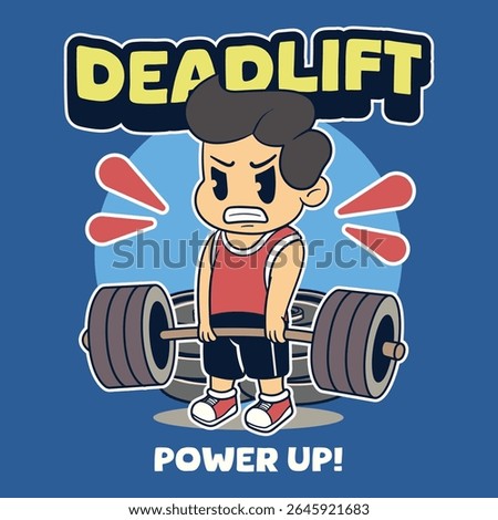 A Funny Boy athlete deadlifting a heavy barbell for fitness and muscle building in a retro cartoon character mascot illustration