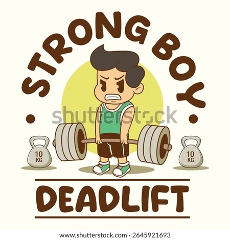 A Funny Boy athlete deadlifting a heavy barbell for fitness and muscle building in a retro cartoon character mascot illustration