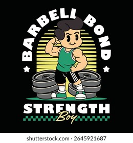 A Funny Boy athlete flexing biceps muscle for fitness in a retro cartoon character mascot illustration