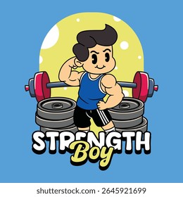 A Funny Boy athlete flexing biceps muscle for fitness in a retro cartoon character mascot illustration