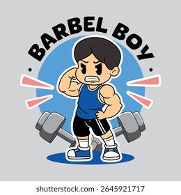 A Funny Boy athlete flexing biceps muscle for fitness in a retro cartoon character mascot illustration