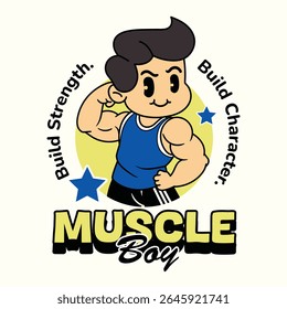 A Funny Boy athlete flexing biceps muscle for fitness in a retro cartoon character mascot illustration