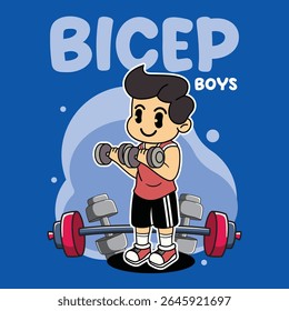 A Funny Boy athlete lifting a dumbbell for fitness and muscle building in a retro cartoon character mascot illustration