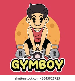 A Funny Boy athlete lifting a kettlebell for fitness and muscle building in a retro cartoon character mascot illustration