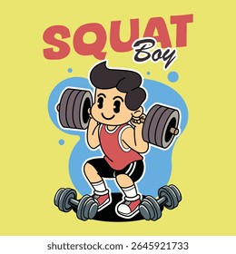 A Funny Boy athlete squat lifts the barbell for fitness and muscle building in a retro cartoon character mascot illustration