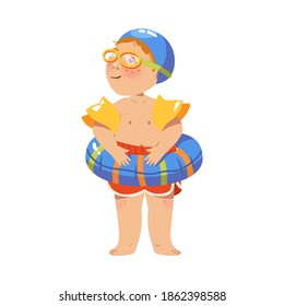 Funny Boy Athlete in Watersport Goggles Standing with Rubber Ring Vector Illustration