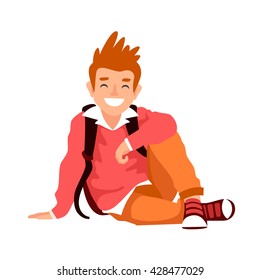 Funny boy with a backpack sitting on the floor. The concept of school education. Vector illustration on white background.