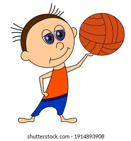 Funny boy with ball isolated on white background. Cute character in a flat style and has a black outline. Cheerful man holding a volleyball. Vector.