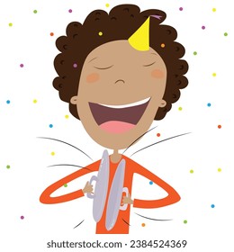 Funny boy banging pot lids in the new year. New Year's Tradition. Vector Illustration.