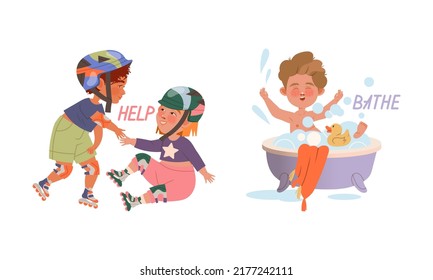 Funny Boy Bathing in Bathtub and Helping Giving Hand to Fallen Girl Demonstrating Verb Vector Set