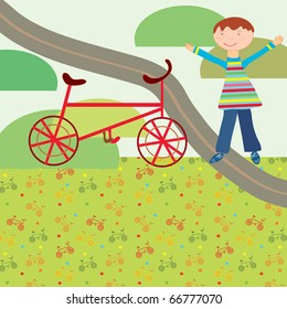 Funny boy with bicycle outdoor