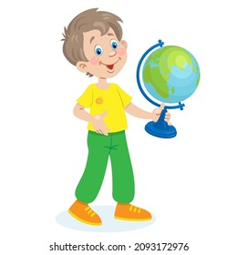 Funny boy with a big globe in his hand. In cartoon style. Isolated on white background. Vector flat illustration.