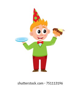 Funny boy in birthday hat holding plate and piece of layered cake, cartoon vector illustration isolated on white background. Comic, cartoon style portrait of funny boy eating birthday cake