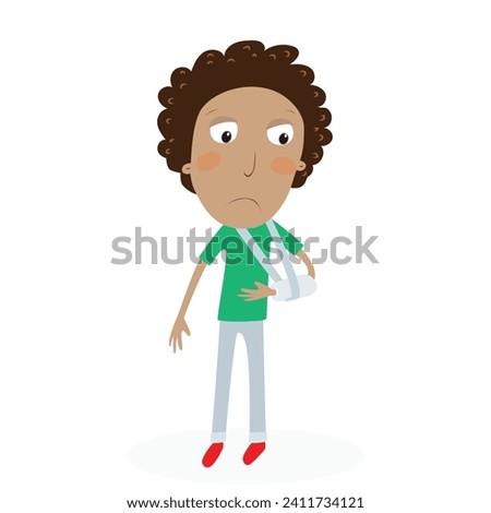 Funny boy with broken arm in plaster. Vector Illustration.