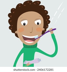 Funny boy brushing her teeth. Vector Illustration.