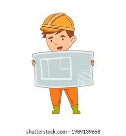 Funny Boy Builder in Hard Hat und Orange Gesamtprüfungen Entwurf Vektorgrafik