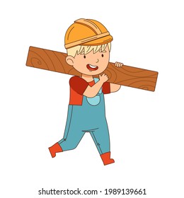 Funny Boy Builder in Hard Hat and Overall Carrying Wooden Plank Vector Illustration