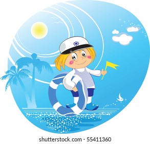 Funny boy captain holiday at the sea with lifebuoy