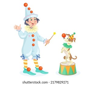 Funny boy in a carnival costume with a small trained dog. In cartoon style. Isolated on white background. Vector illustration.