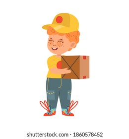 Funny Boy in Carrier Uniform Engaged in Courier Occupation Vector Illustration