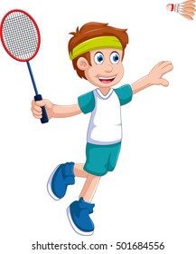 funny boy cartoon playing badminton