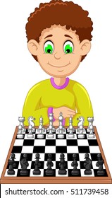 funny boy cartoon playing chess